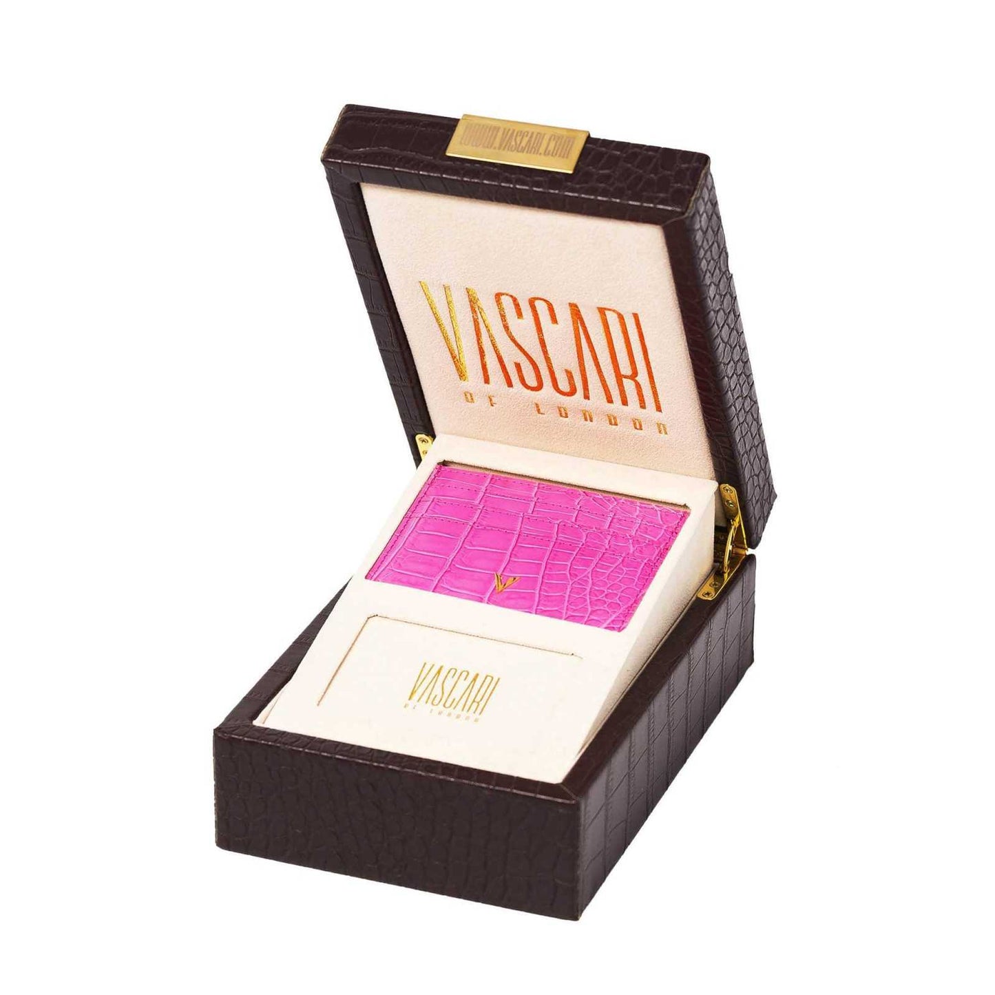 Front view of the Genuine Baby Pink Crocodile Leather Cardholder in the vascari gift box